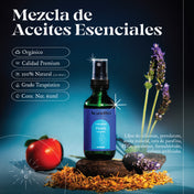 Spray Relajante & Anti Estrés con aceites esenciales de lavanda, mandarina, mejorana dulce, patchouli y manzanilla, perfecto para aliviar el estrés y la ansiedad.