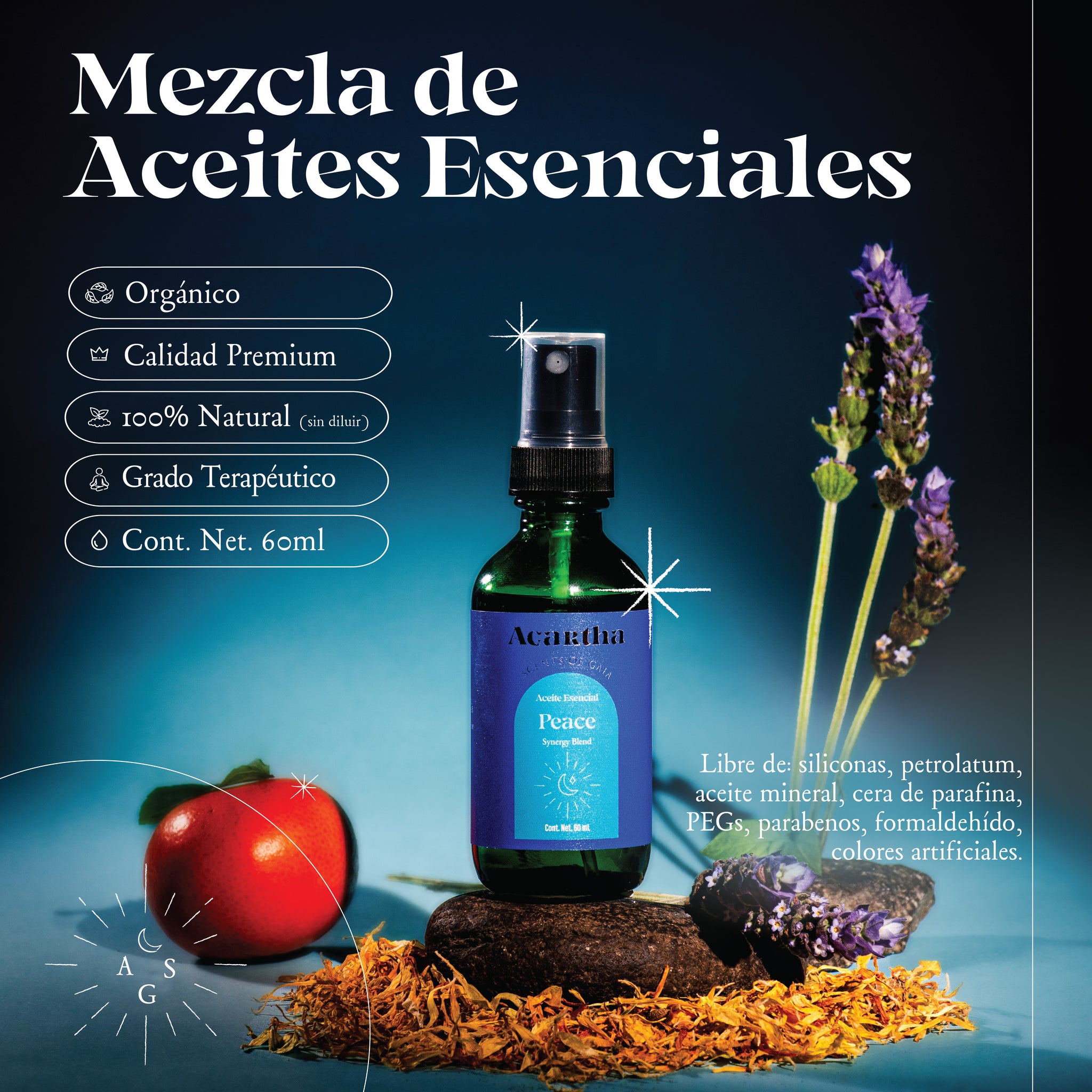 Spray Relajante & Anti Estrés con aceites esenciales de lavanda, mandarina, mejorana dulce, patchouli y manzanilla, perfecto para aliviar el estrés y la ansiedad.