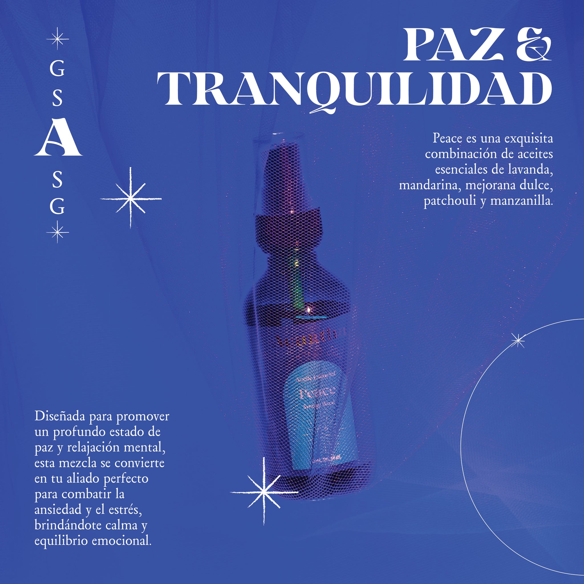 Detalle del envase del spray Peace de 60 ml, elaborado con fórmula 100% natural y presentación compacta para uso diario.