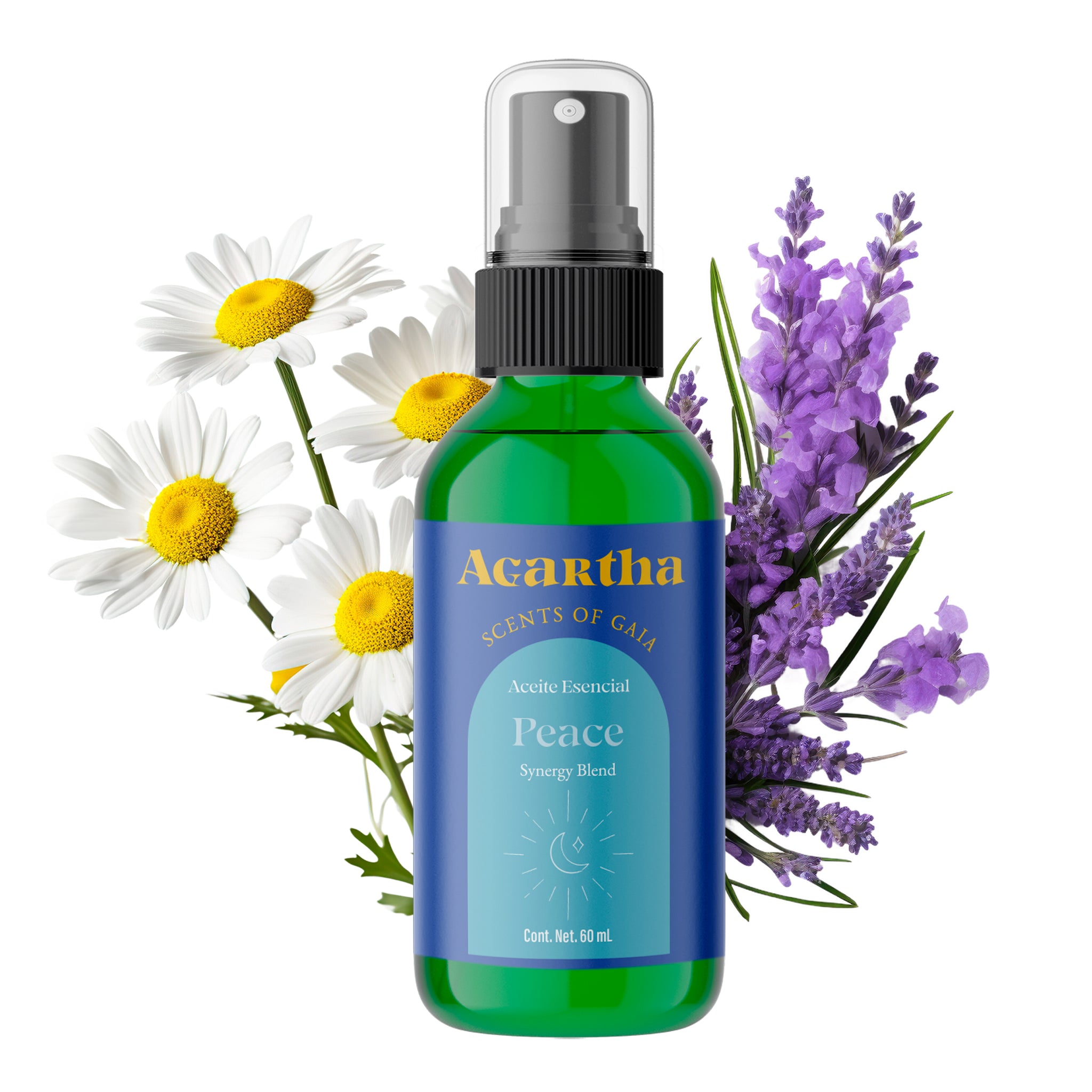 Peace Spray de 60 ml, mezcla de aceites esenciales diseñada para promover la calma y la relajación mental de manera práctica.