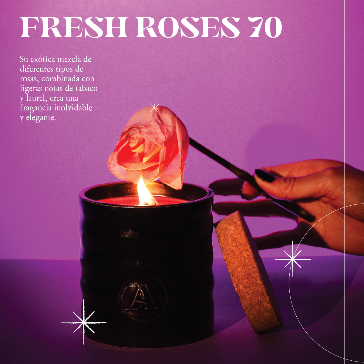 Vela Fresh Roses 70 encendida, ideal para disfrutar de una fragancia envolvente y una quema limpia y duradera.
