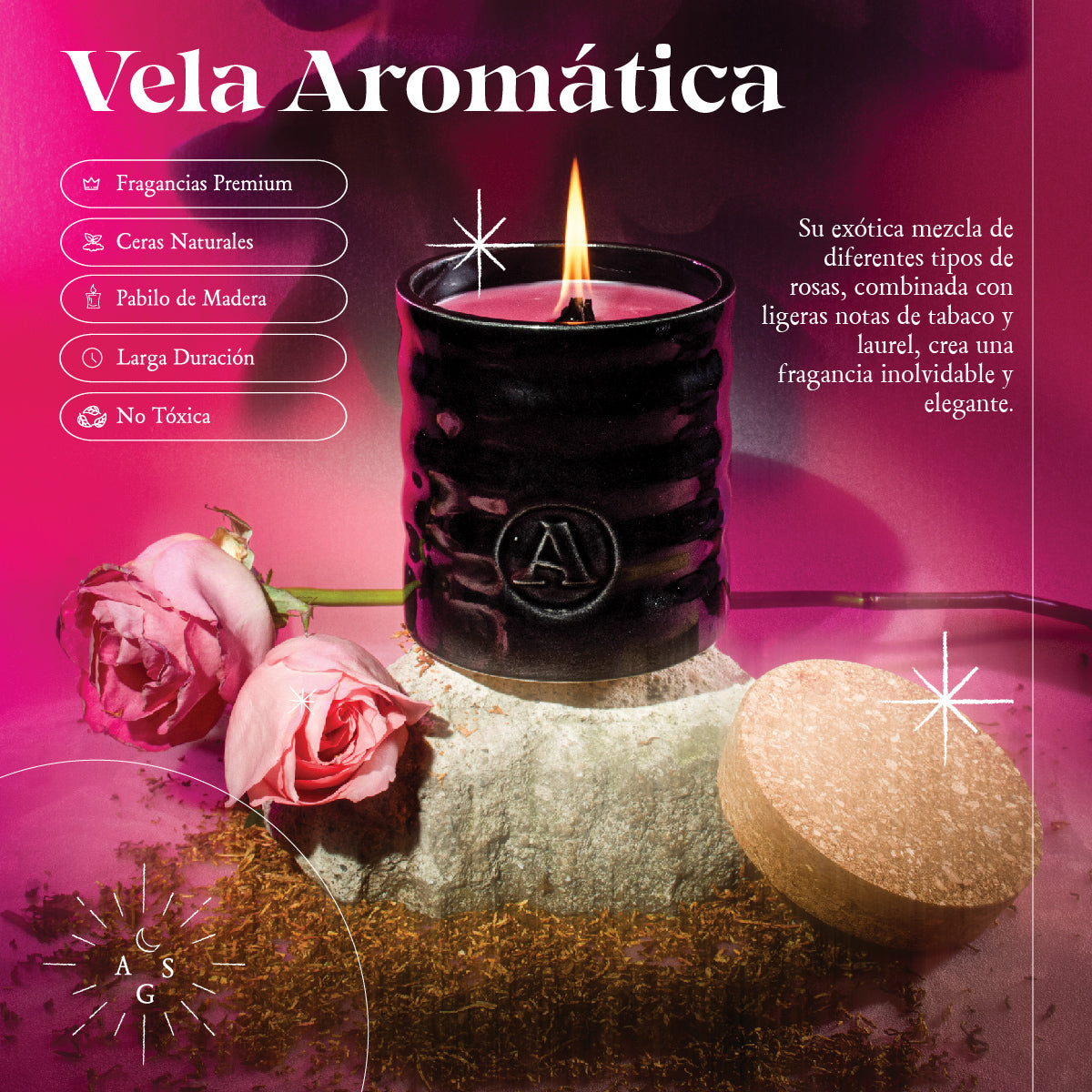Vela Fresh Roses 70 elaborada con cera de abeja natural y cera de coco, garantizando una combustión limpia y libre de toxinas.