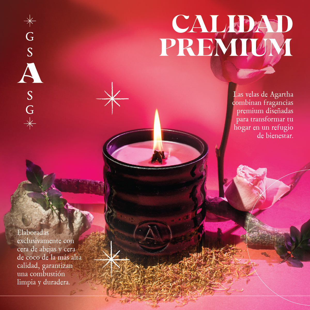 Detalle del diseño de la vela Fresh Roses 70, con fragancia única y elaboración meticulosa a base de ingredientes naturales.