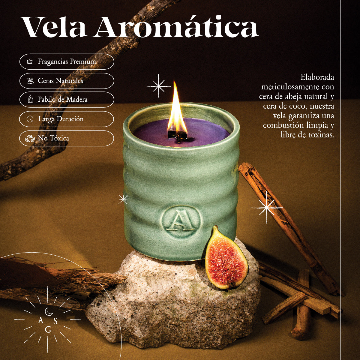 Vela Santal Figue 515 elaborada con cera de abeja natural y cera de coco, perfecta para una combustión limpia y libre de toxinas.