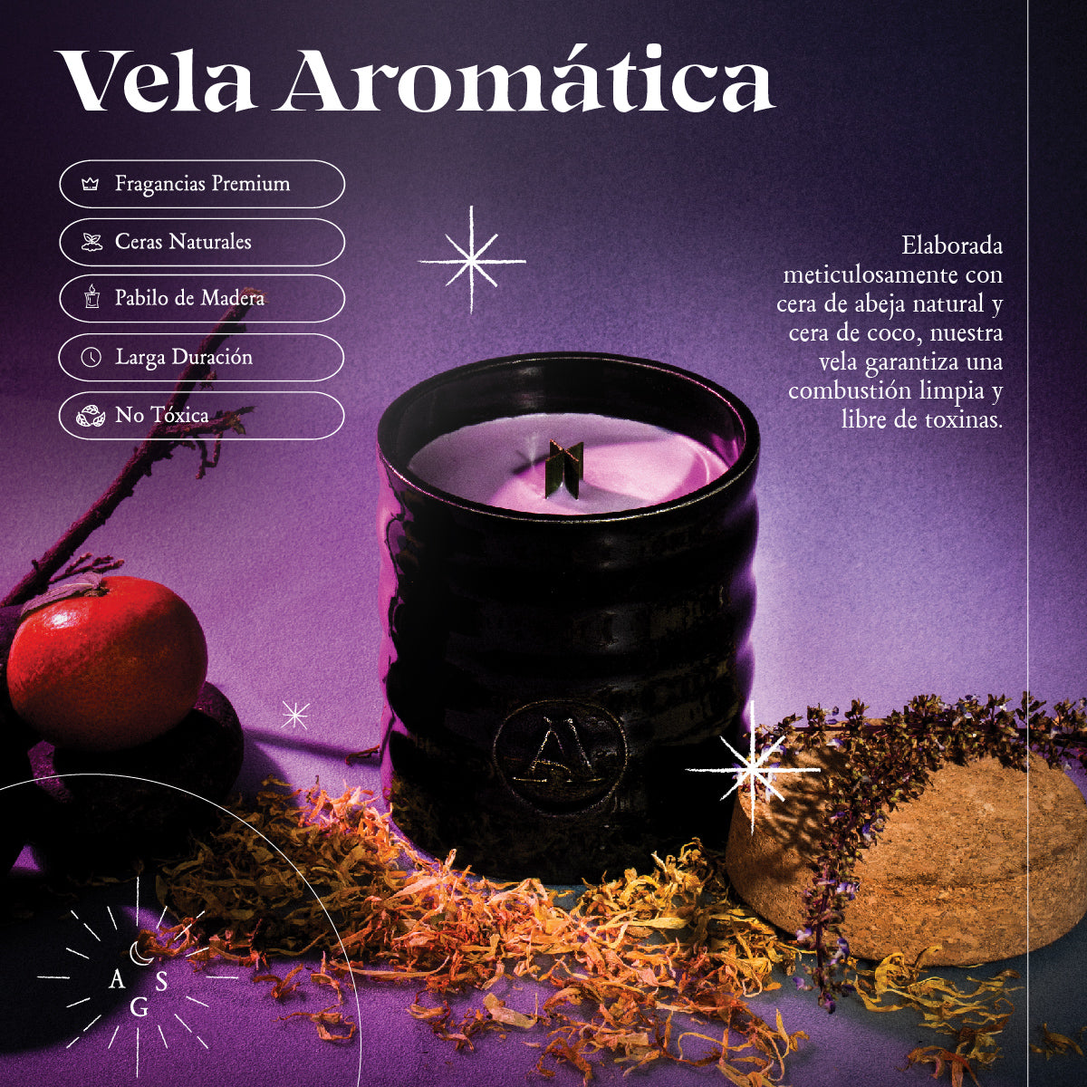 Vela Shambala 79 elaborada con cera de abeja natural y cera de coco, perfecta para una combustión limpia y libre de toxinas.