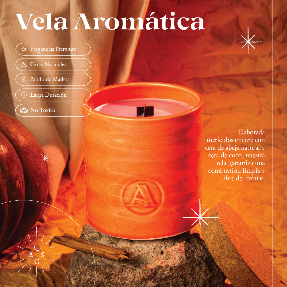 Vela Spices 520 elaborada con cera de abeja natural y cera de coco, diseñada para una combustión limpia y libre de toxinas.